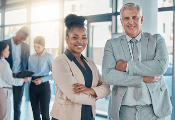 Image showing Business people, portrait smile and leadership with arms crossed for meeting, collaboration or teamwork at office. Happy corporate executive leaders smiling in company or team management at workplace