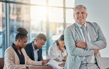 Image showing Senior businessman, portrait and arms crossed for meeting leadership or management at the office. Happy elderly male CEO leader or manager smiling for teamwork collaboration or strategy at workplace