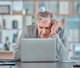 Image showing Stress, confused and mature businessman with a laptop, reading an email and tired from a deadline. Anxiety, burnout and elderly corporate worker with bad news, glitch or problem with a computer
