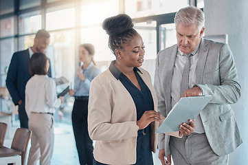 Image showing Business people, leadership and clipboard in planning, idea or collaboration for team meeting at the office. Executives in strategy, project plan or schedule discussion for research or corporate data