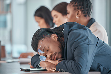 Image showing Tired, sleeping and business man in meeting fatigue, burnout and low energy with focus, insomnia and career problem. Time management, depression and sleepy employee, worker or person in conference