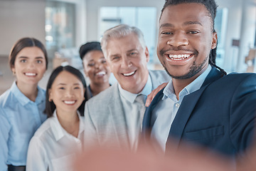 Image showing Work, selfie and portrait of team in office, happy and smile while bonding in team building. Face, diversity and about us photo for social media, website or homepage update by happy employees united