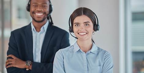 Image showing Business people, call center and portrait smile for contact us, telemarketing or customer service and support at office. Happy woman and man consultant standing and smiling for team help or advice