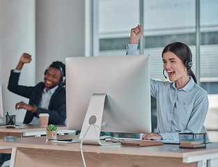 Image showing Business woman, call center and team celebration for winning, promotion or sale in telemarketing at office desk. Happy female consultant celebrating victory, good news or success at the workplace