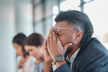 Image showing Tired, headache and business man in meeting fatigue, burnout and low energy with focus, thinking and job problem. Insomnia, depression and mental health risk of employee, worker or person in office