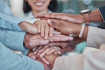 Image showing Business people, diversity and hands together in trust, partnership or team collaboration at office. Group of diverse employee workers piling hand in teamwork, agreement or support success for goal