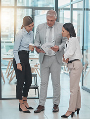 Image showing Documents, discussion and business people meeting in office for brainstorming, strategy and project advice. Cooperation, ceo teamwork and group of workers reading proposal, report or financial review