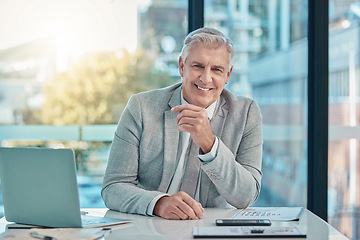 Image showing Portrait of senior business man at office with happy leadership, career mindset and company management. Face of corporate person, employer or boss at desk with laptop for professional job planning
