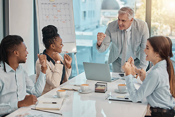 Image showing Business people, celebration and meeting for winning, success and team promotion in conference room. Senior man, coach or CEO celebrating successful teamwork, collaboration or corporate win at office