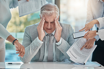 Image showing Chaos, stress and senior businessman with headache from multitasking, workload and team pressure in office. Crisis, fail and corporate manager with anxiety, mistake and compliance, documents or audit