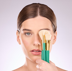 Image showing Girl, skincare portrait or makeup brush for cosmetics, foundation or beauty aesthetician studio background. Face model, cosmetic application or natural skin glow with tools for self love grooming