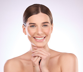 Image showing Portrait, skincare and face relax on hands of woman in studio for grooming, cosmetics or wellness on gradient background. Beauty, happy and girl model smile for in luxury, makeup and skin dermatology