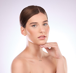 Image showing Beauty, skincare portrait or girl model with self love in daily grooming treatment with natural makeup cosmetics. Dermatology, mock up studio space or face of woman with healthy luxury facial routine