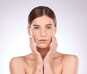 Image showing Beauty, skincare portrait or woman with self love in daily grooming treatment with natural makeup cosmetics. Dermatology, mock up studio space or face of girl model with healthy luxury facial routine