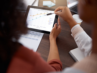 Image showing Tablet, graphs and timeline of people hands in education budget, finance planning or monitor statistics. Technology screen of data analysis, stats and numbers of women planner and teacher report