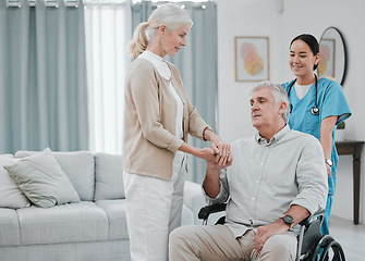 Image showing Disability, doctor or old couple holding hands in rehabilitation for support, empathy or solidarity together. Physiotherapy healthcare, wheelchair or medical nurse nursing elderly disabled patient