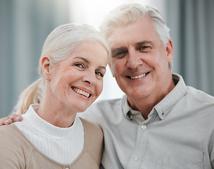 Image showing Portrait, love and lifestyle with a senior couple hugging in the living room of their house together. Smile, face or trust with a happy mature man and woman bonding while enjoying retirement at home