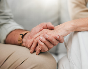 Image showing Empathy, love or old couple holding hands to support each other in marriage commitment or retirement with trust. Gratitude, zoom or elderly woman comforting a senior lover with sympathy or solidarity