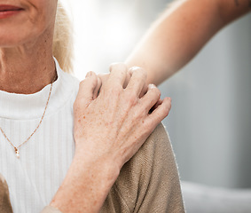 Image showing Shoulder, old woman or nurse holding hands in hospital consulting about medical test news or results for support. Empathy, hope or doctor in healthcare clinic nursing or helping sick elderly patient