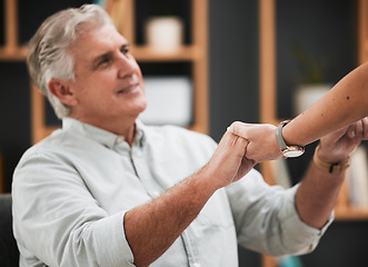 Image showing Hope, old man or nurse holding hands in hospital consulting about medical test news or results for support. Empathy, trust or doctor in healthcare clinic nursing or helping sick elderly patient