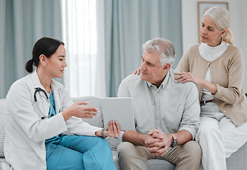 Image showing Nurse with tablet results consulting old couple in hospital after surgery or medical test report for support. News, healthcare clinic or doctor working or helping a depressed or sick elderly person