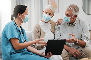 Image showing Checklist, old couple or nurse in consultation for covid in hospital about medical test news or results. Face masks, coronavirus or doctor consulting in healthcare clinic nursing sick elderly people