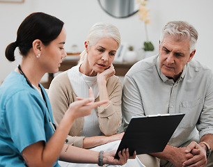 Image showing Senior couple, nurse and retirement document questions for hospital and health paperwork. Asian woman question, conversation and consulting survey in a wellness clinic with data and policy report