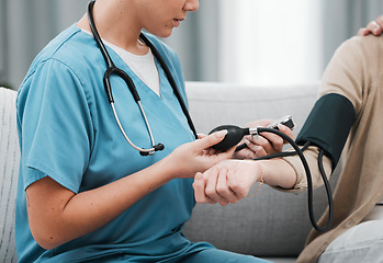 Image showing Blood pressure, caregiver nurse and woman patient on a nursing home for health and wellness check. Healthcare, doctor and living room consultation for medical test in retirement on a lounge couch