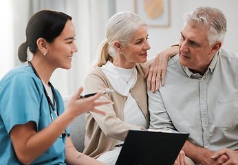 Image showing Nurse, healthcare and documents with a senior couple in their home, talking to a medicine professional. Medical, insurance or life cover with a mature man and woman meeting a medicine professional