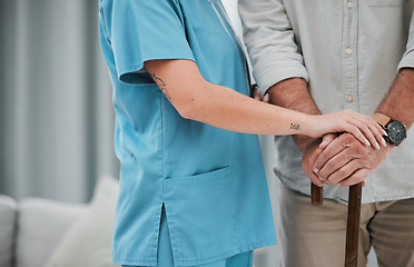 Image showing Trust, nurse or senior hands on walking stick for support, help or trust moving legs in rehabilitation. Physiotherapy healthcare, elderly nursing or medical caregiver helping a sick mature patient