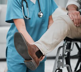 Image showing Woman physiotherapist, senior man and wheelchair for legs rehabilitation, recovery or nursing home care. Physiotherapy expert, helping hand and elderly patient for injury, disability or muscle strain