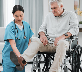 Image showing Wheelchair help, nursing home and man with injury or disability with nurse support. Wellness, healthcare and retirement of a elderly person with foot pain from a medical problem with caregiver