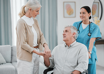 Image showing Disability, nurse or old couple holding hands in rehabilitation for support, empathy or solidarity together. Physiotherapy healthcare, wheelchair or medical caregiver nursing elderly disabled patient