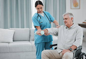 Image showing Disability, nurse or old man with dumbbell in wheelchair moving arm for muscle strength in rehabilitation. Physiotherapy healthcare, nursing or medical doctor consulting disabled elderly patient