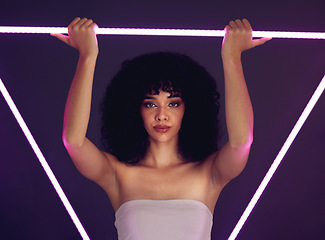 Image showing Neon, black woman and beauty portrait light or purple uv triangle for makeup, cosmetics and self love. Face of aesthetic gen z model person on dark background for natural art glow fashion in studio