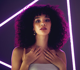 Image showing Neon light, fashion woman and beauty portrait in studio with purple uv for makeup, cosmetics and self love. Face of aesthetic gen z model black person on gray background for natural art glow on skin