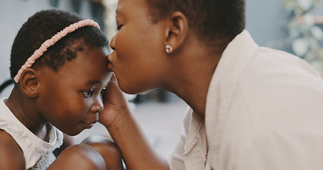 Image showing Mother, child and breakfast with mom feeding girl food for nutrition, growth health and wellness in home kitchen. Black woman with girl at family house for quality time, love and eating healthy