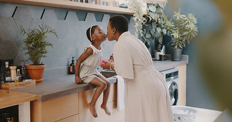 Image showing Family, children and love with a girl and mother playing together in the kitchen of their home. Kids, funny and tickline with a black woman and daughter laughing while bonding in their house