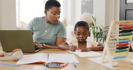 Image showing Teaching, learning and black family and child in home with laptop and color book happy with online education, kids website and online digital guide. Happy african mother with girl writing development