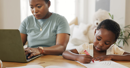 Image showing Mother typing on laptop with kid in living room and kiss child care support in working from home online. African girl drawing at table, black mom writing business email and elearning technology