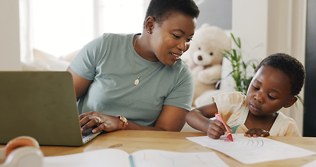 Image showing Mother typing on laptop with kid in living room and kiss child care support in working from home online. African girl drawing at table, black mom writing business email and elearning technology