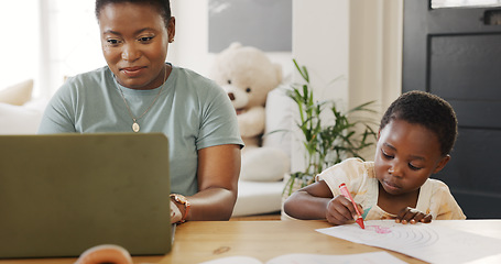 Image showing Mother typing on laptop with kid in living room and kiss child care support in working from home online. African girl drawing at table, black mom writing business email and elearning technology