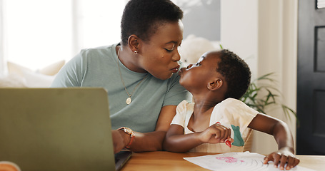 Image showing Learning, drawing girl and mother on laptop, working from home and helping daughter with art. Black family, education and remote worker mom, multitasking and teaching kid, bonding and care in house.