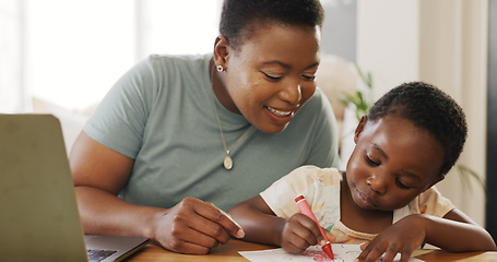 Image showing Black family, mother and girl busy with house learning and drawing with mom working from home. Creative work, computer and mama working on technology busy with child care and teaching with art