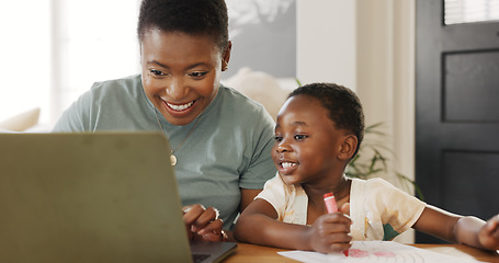 Image showing Teaching, learning and black family and child in home with laptop and color book happy with online education, kids website and online digital guide. Happy african mother with girl writing development