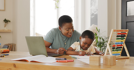 Image showing Black family, mother and girl busy with house learning and drawing with mom working from home. Creative work, computer and mama working on technology busy with child care and teaching with art