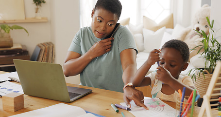 Image showing Black woman, laptop and help child with homework, while typing work and proposal for business. Mama, child and assist kid with color book, typing on digital device and bonding being loving and talk.