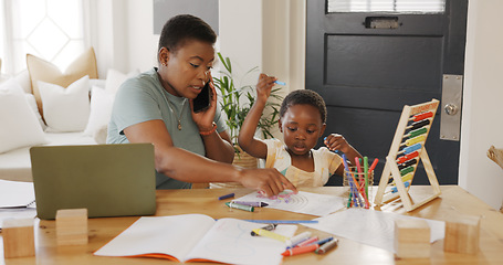 Image showing Black woman, laptop and help child with homework, while typing work and proposal for business. Mama, child and assist kid with color book, typing on digital device and bonding being loving and talk.