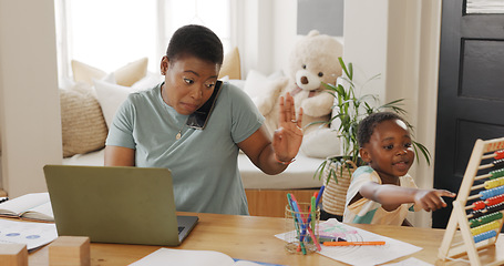 Image showing Laptop, phone call and busy mother with kid for work from home, child education care and administration management job in living room. Productivity, cellphone and black woman mom with baby attention