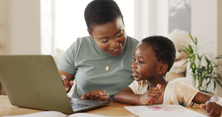 Image showing Teaching, learning and black family and child in home with laptop and color book happy with online education, kids website and online digital guide. Happy african mother with girl writing development